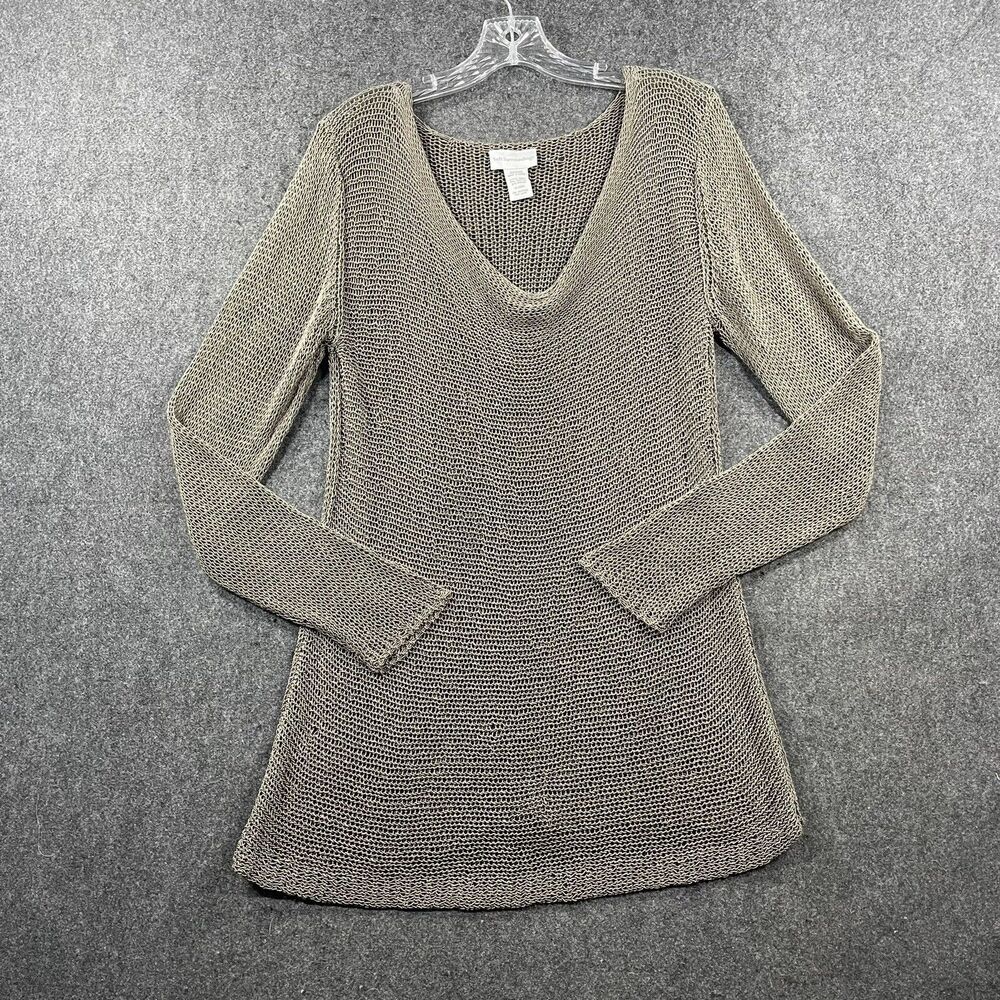 Light Taupe Knit Long-Sleeve V-Neck Top